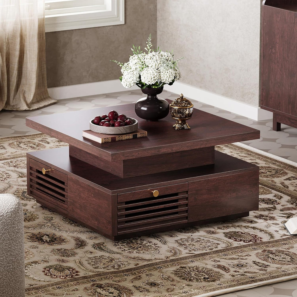 IRONCK Coffee Table with LED Light and Charging Statio, Walnut
