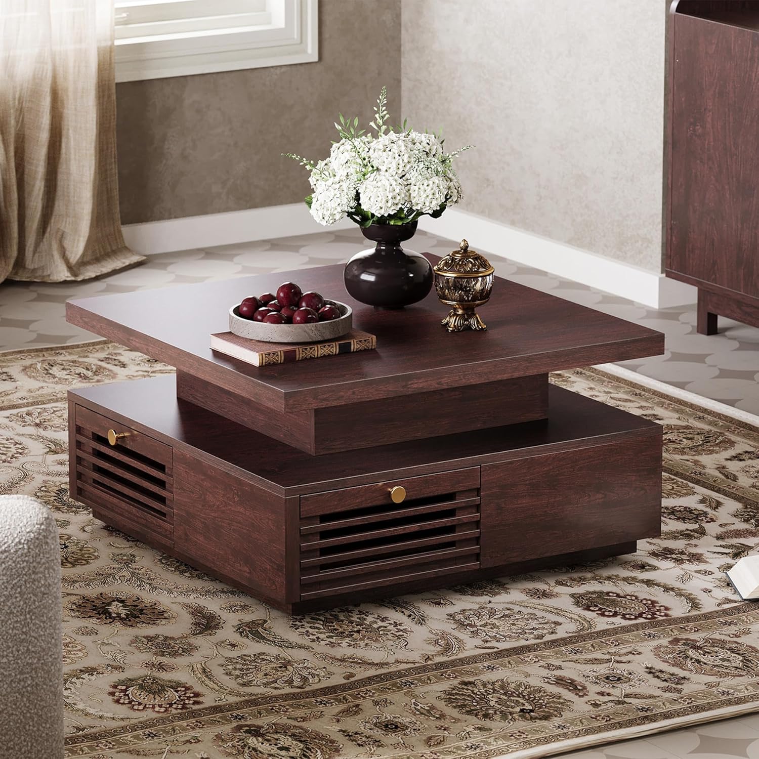 IRONCK Coffee Table with LED Light and Charging Statio, Walnut