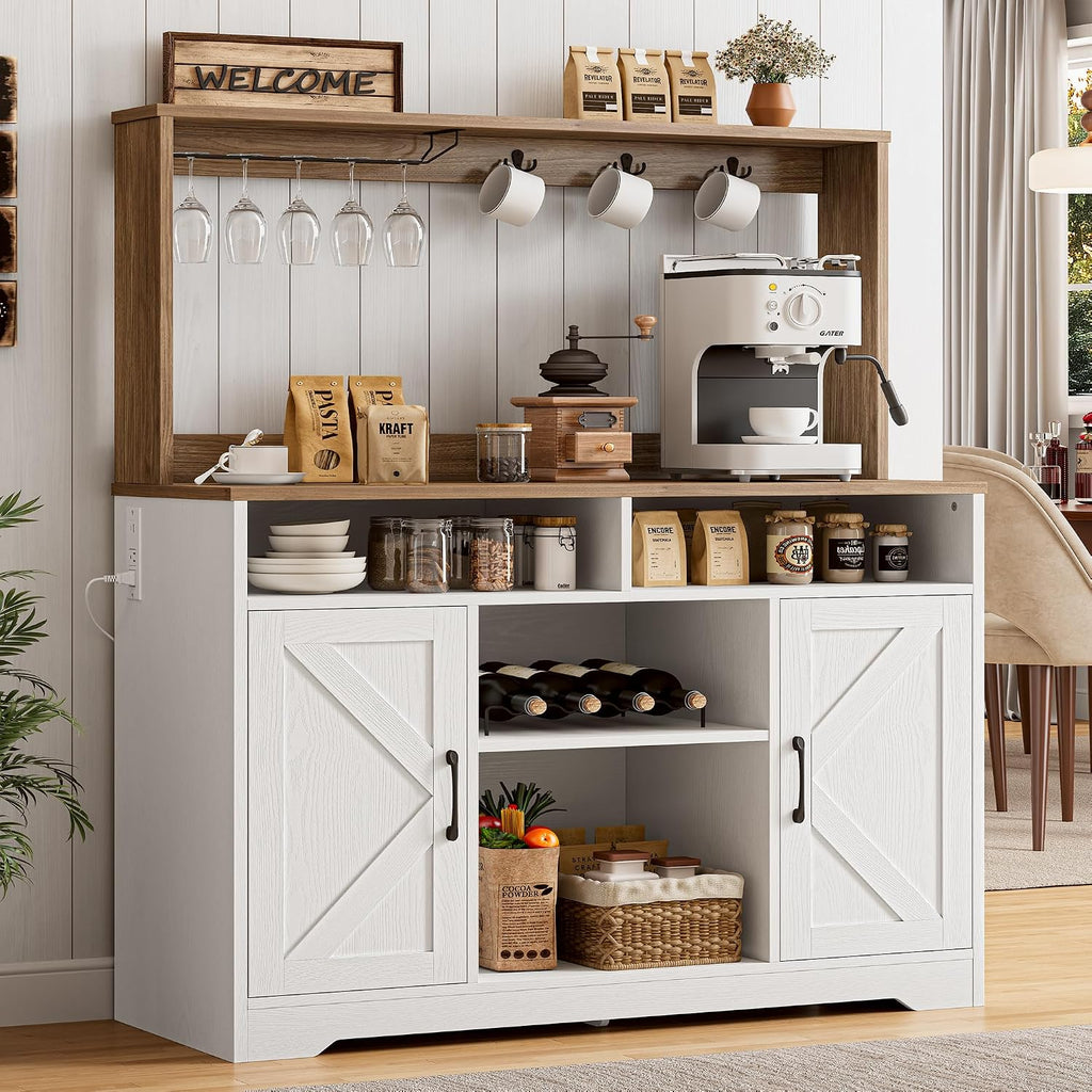 IRONCK 58" Farmhouse Coffee Bar Cabinet with Storage & Power Outlets, White