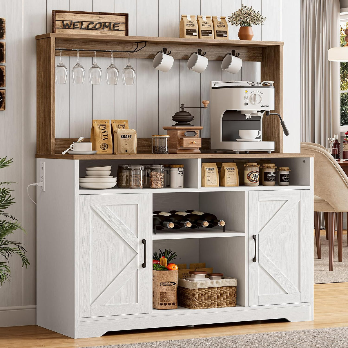 IRONCK 58" Farmhouse Coffee Bar Cabinet with Storage & Power Outlets, White