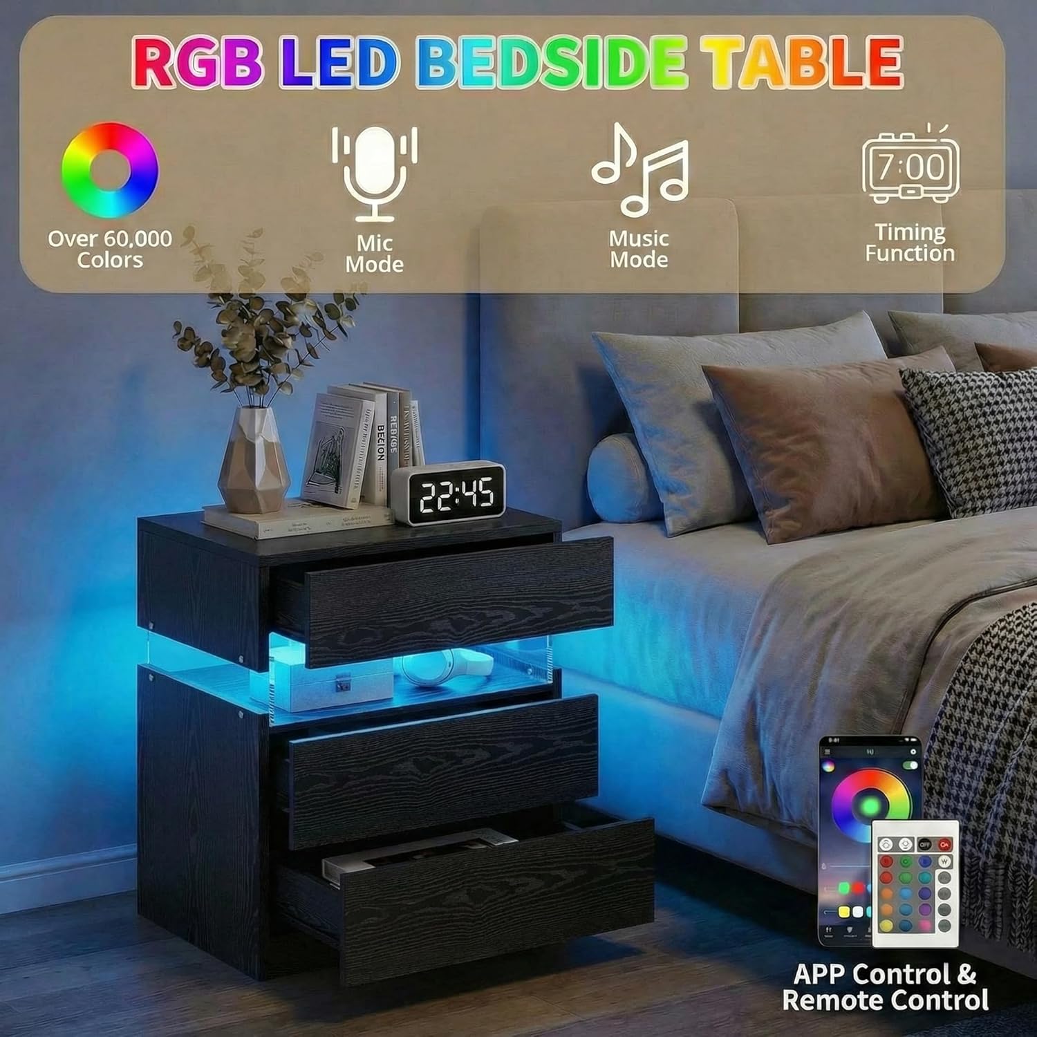 IRONCK Nightstand with 3 Drawers,  LED Light, Storage for Bedroom, Black
