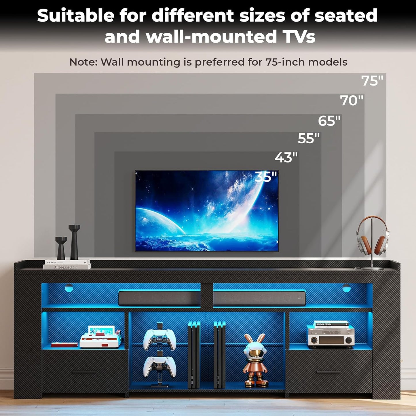 IRONCK TV Stand for 75 Inch TV, Carbon Fiber Entertainment Center with 2 Drawers