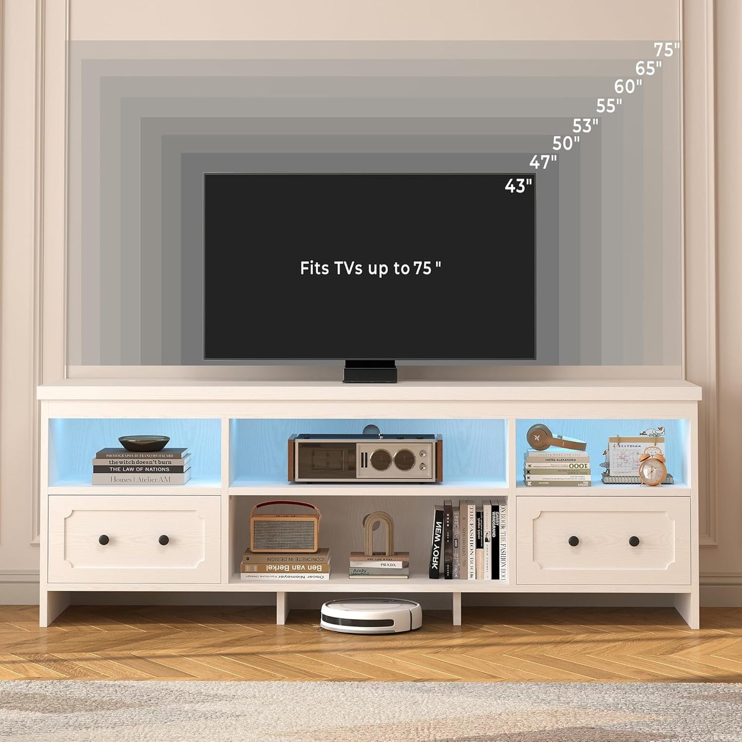 IRONCK TV Stand for 75 Inch TV, 71" LED Entertainment Cente, White