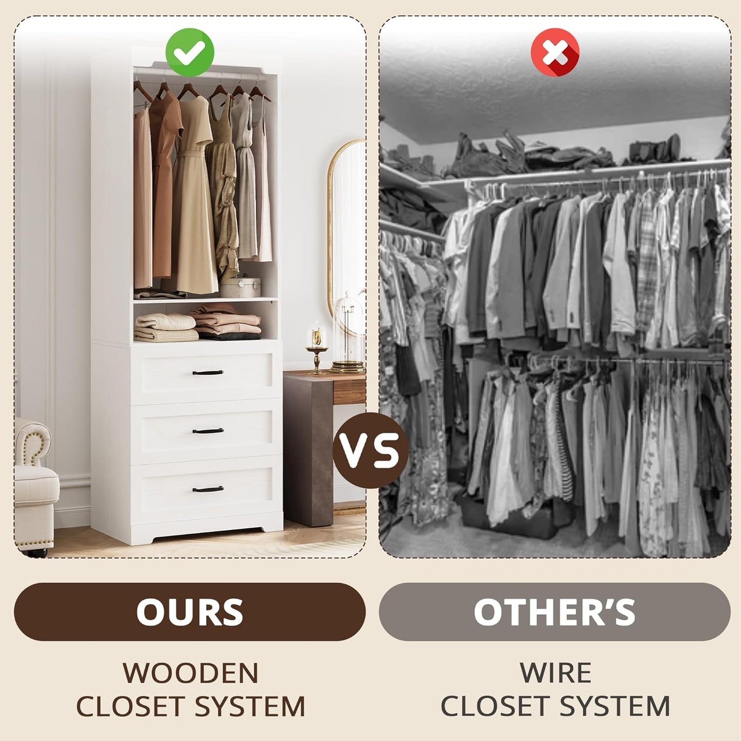 IRONCK Freestanding Closet System with 3 Wood Drawers, White