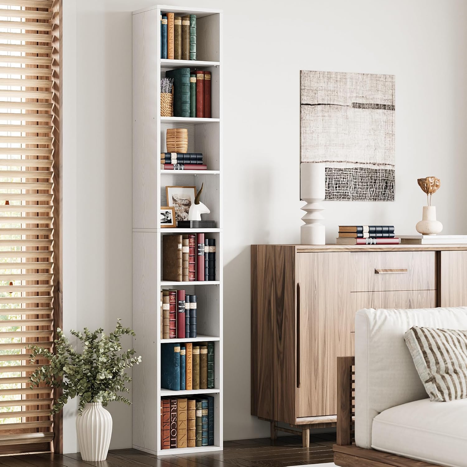 IRONCK Tall Narrow Bookshelf 8 Tiers, Compact Corner Bookcase, Easy to Match for Living Room, Office, Study, Bedroom, White