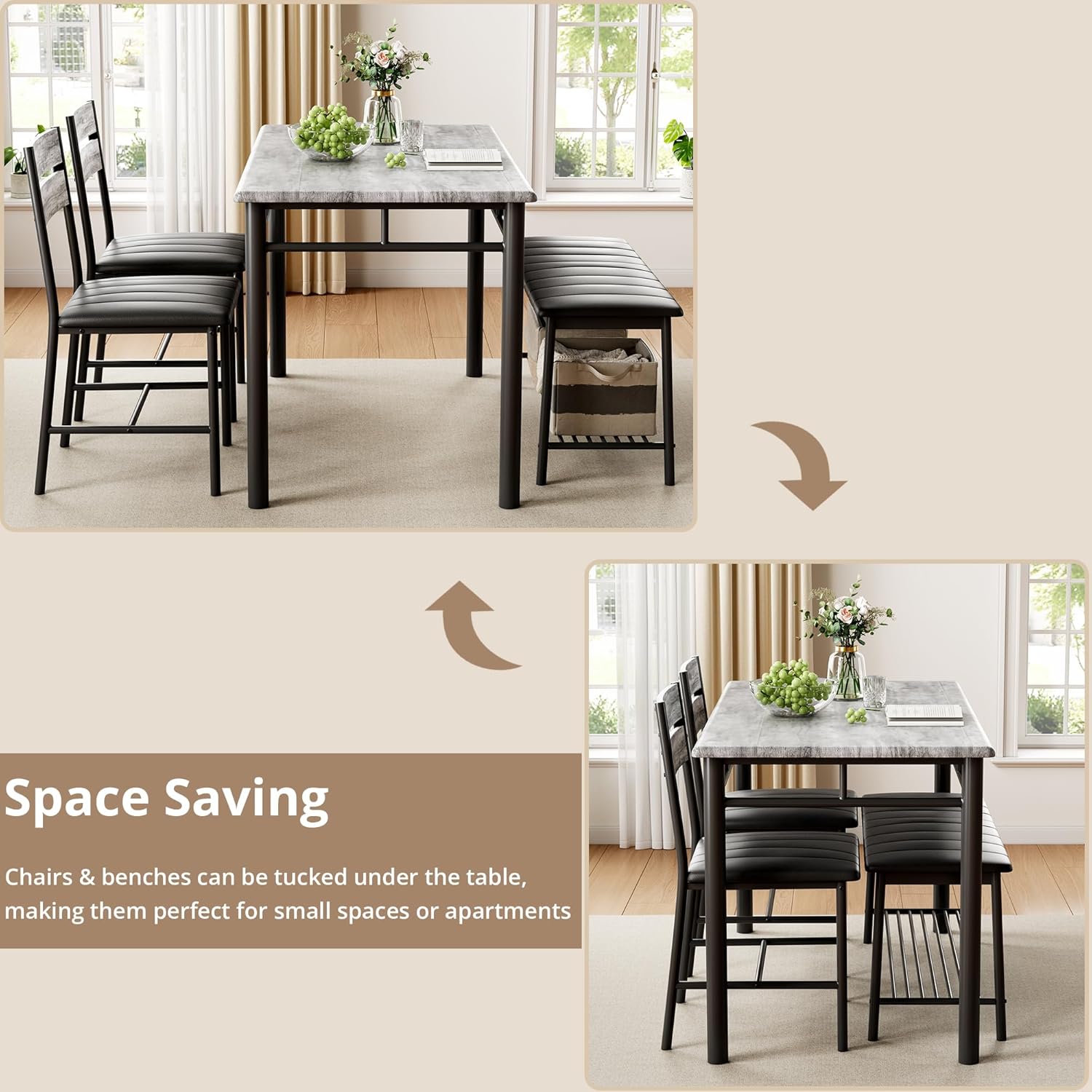 IRONCK Dining Table Set for 4, with Upholstered Bench and 2 Chairs
