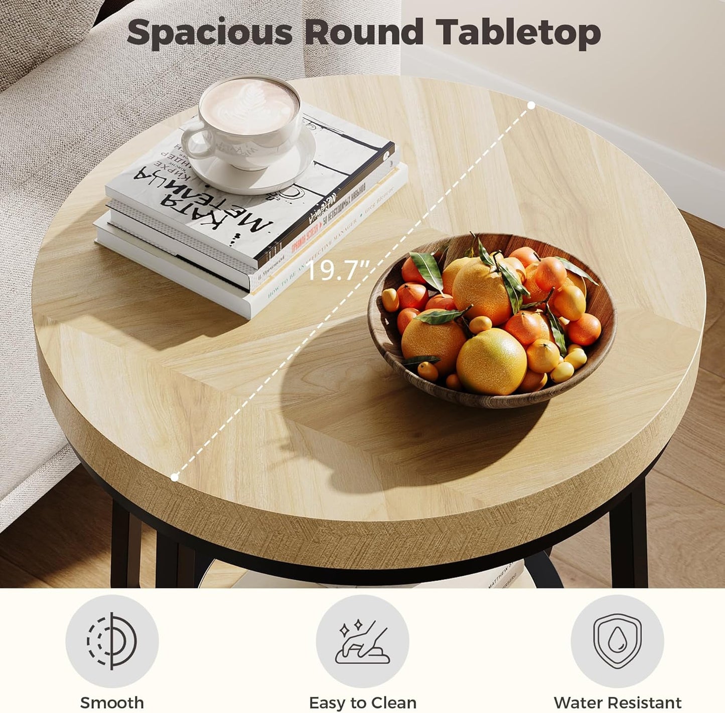 IRONCK 19.7" 2 Tier Round Side Table, Curved Metal Legs, Light Brown