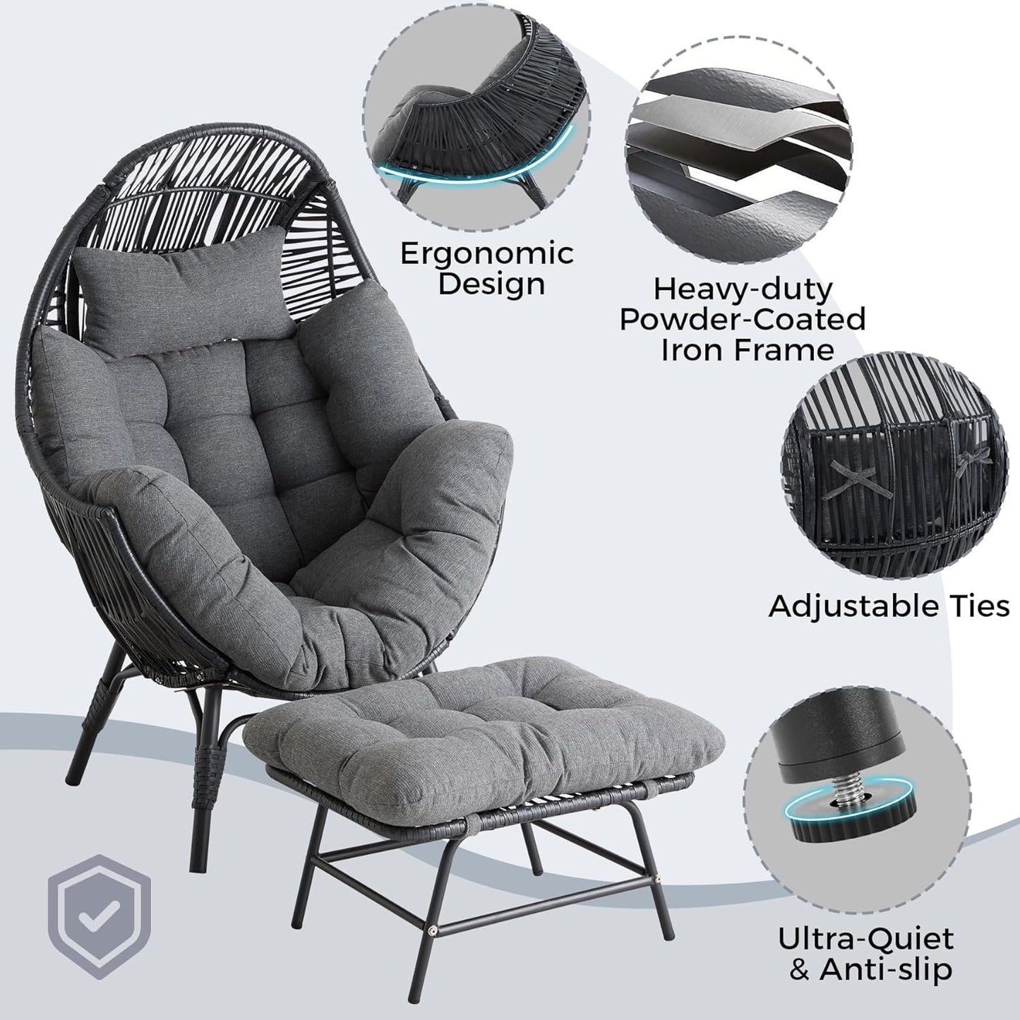 IRONCK Wicker Outdoor Egg Chair with Ottoman, Patio Lounge Chair, Dark Gray