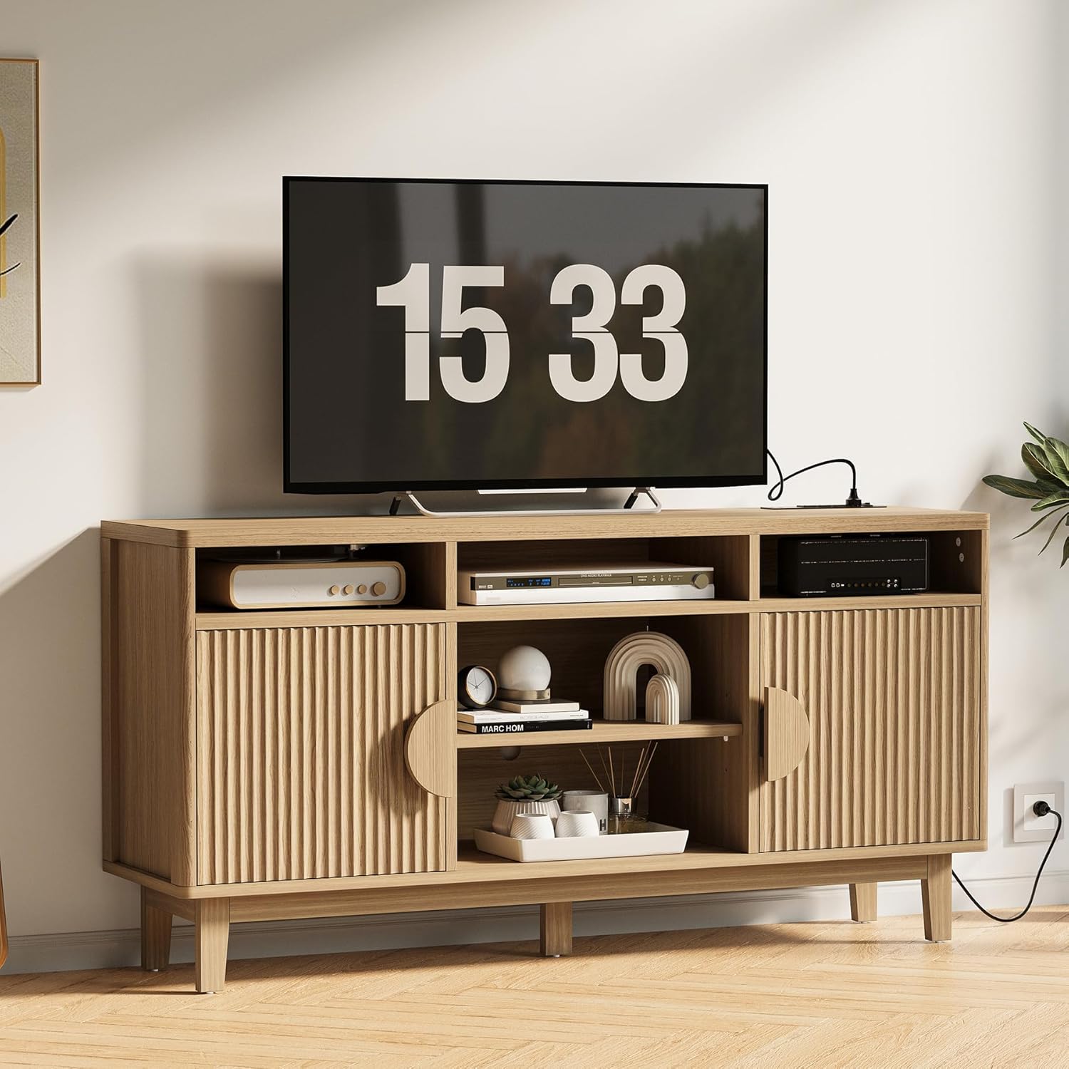 IRONCK TV Stand for 65 Inch TV, 59 Inch Entertainment Center, Natural Oak