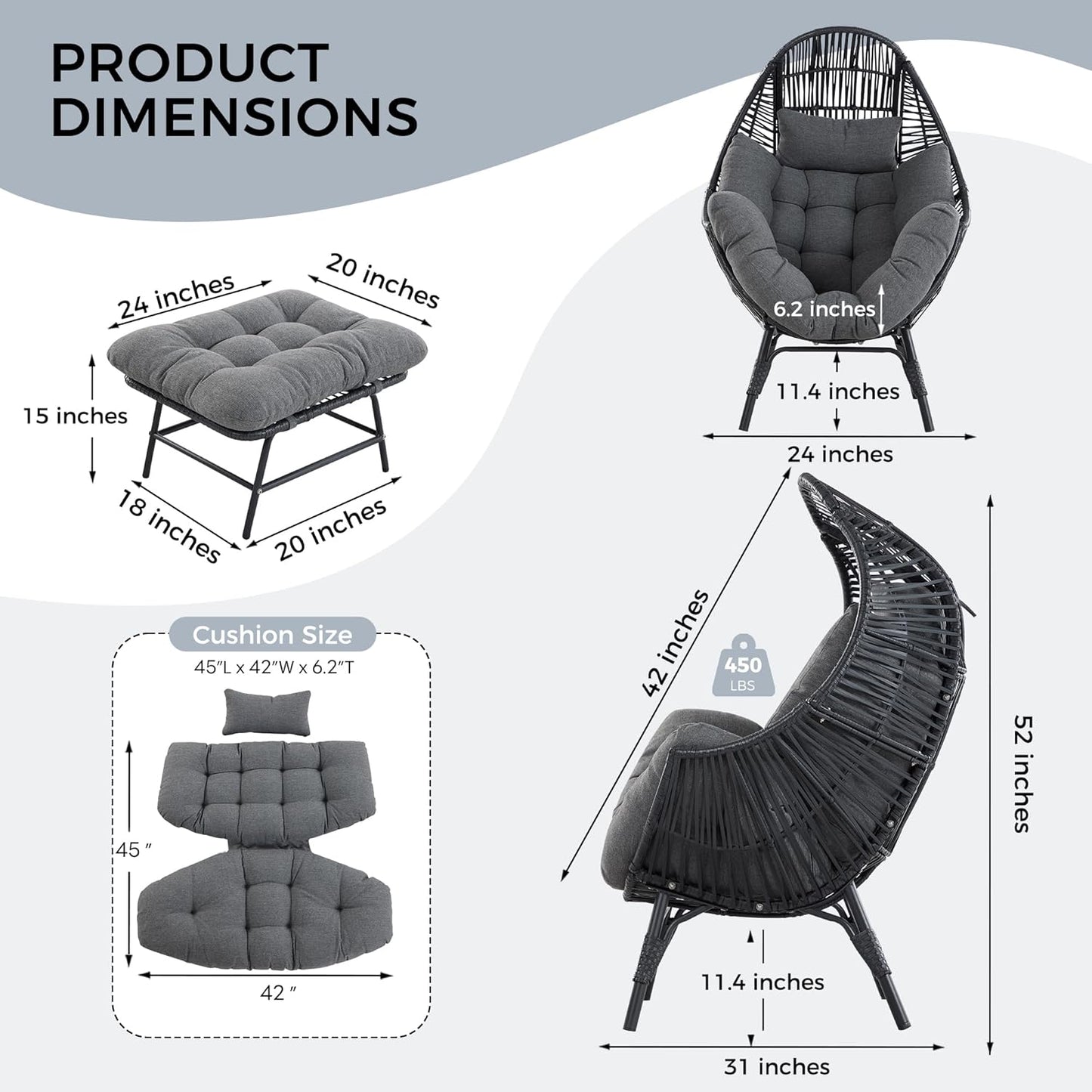 IRONCK Wicker Outdoor Egg Chair with Ottoman, Patio Lounge Chair, Dark Gray