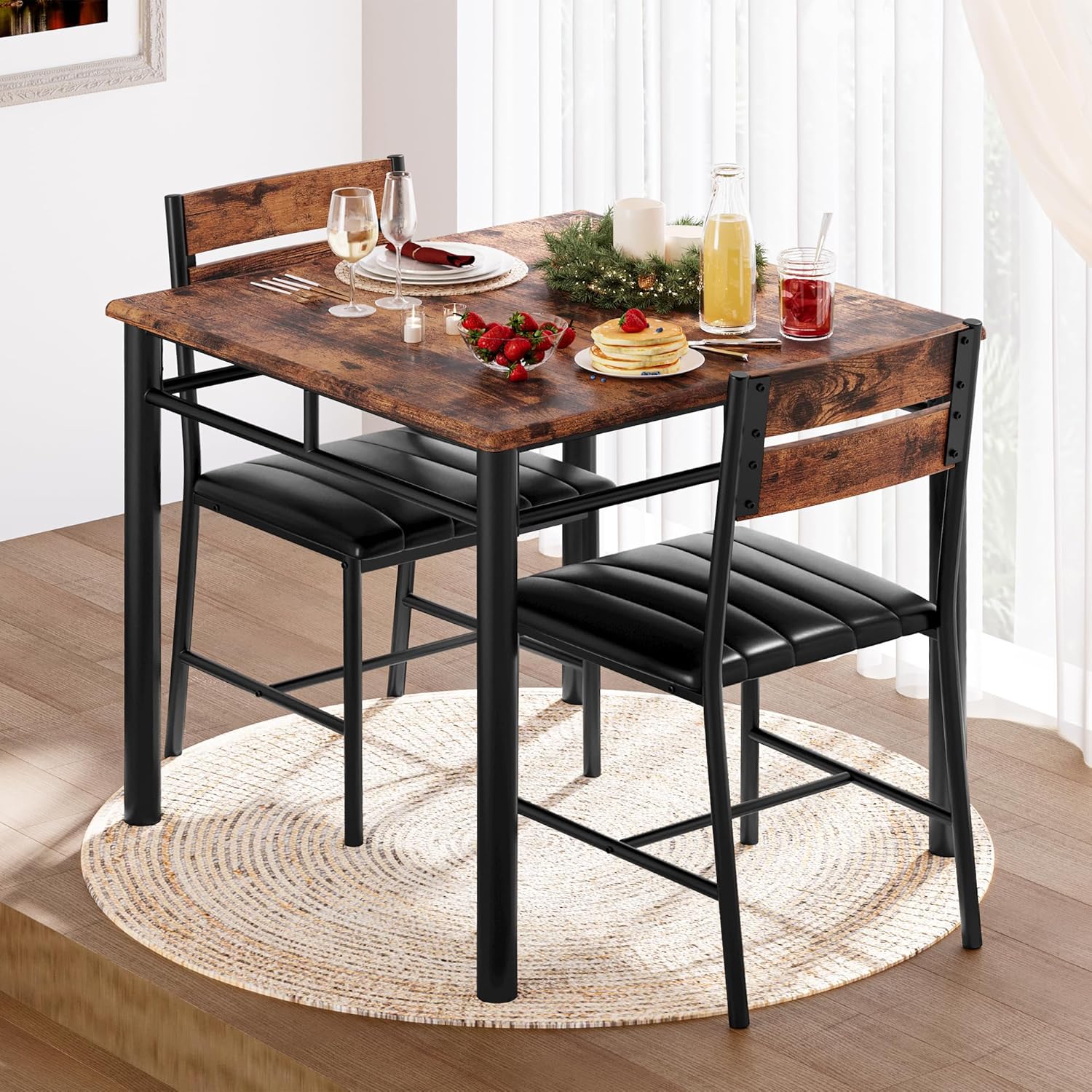 IRONCK Dining Table Set for 2 with Upholstered Chairs, Rustic Brown
