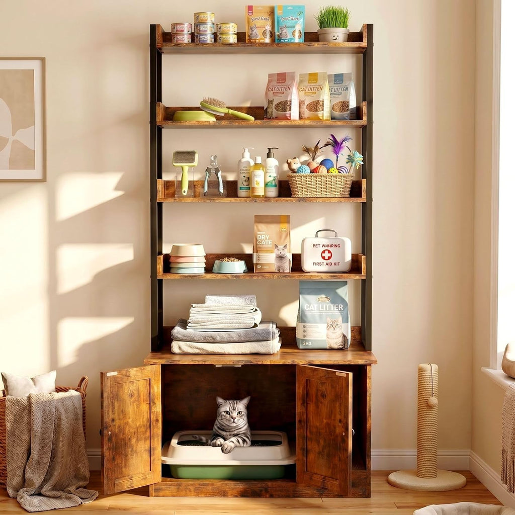 IRONCK Litter Box Enclosure with 4 Shelves and Doors, Vintage Brown