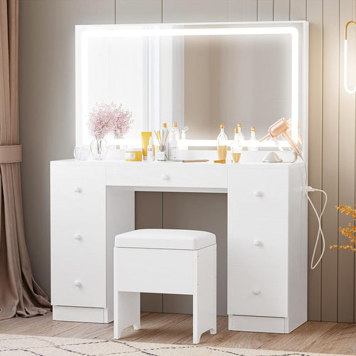 IRONCK Vanity Desk Set with Large LED Lighted Mirror & Power Outlet, 7 Drawers Vanities Dressing Makeup Table with Storage Bench, for Bedroom, In