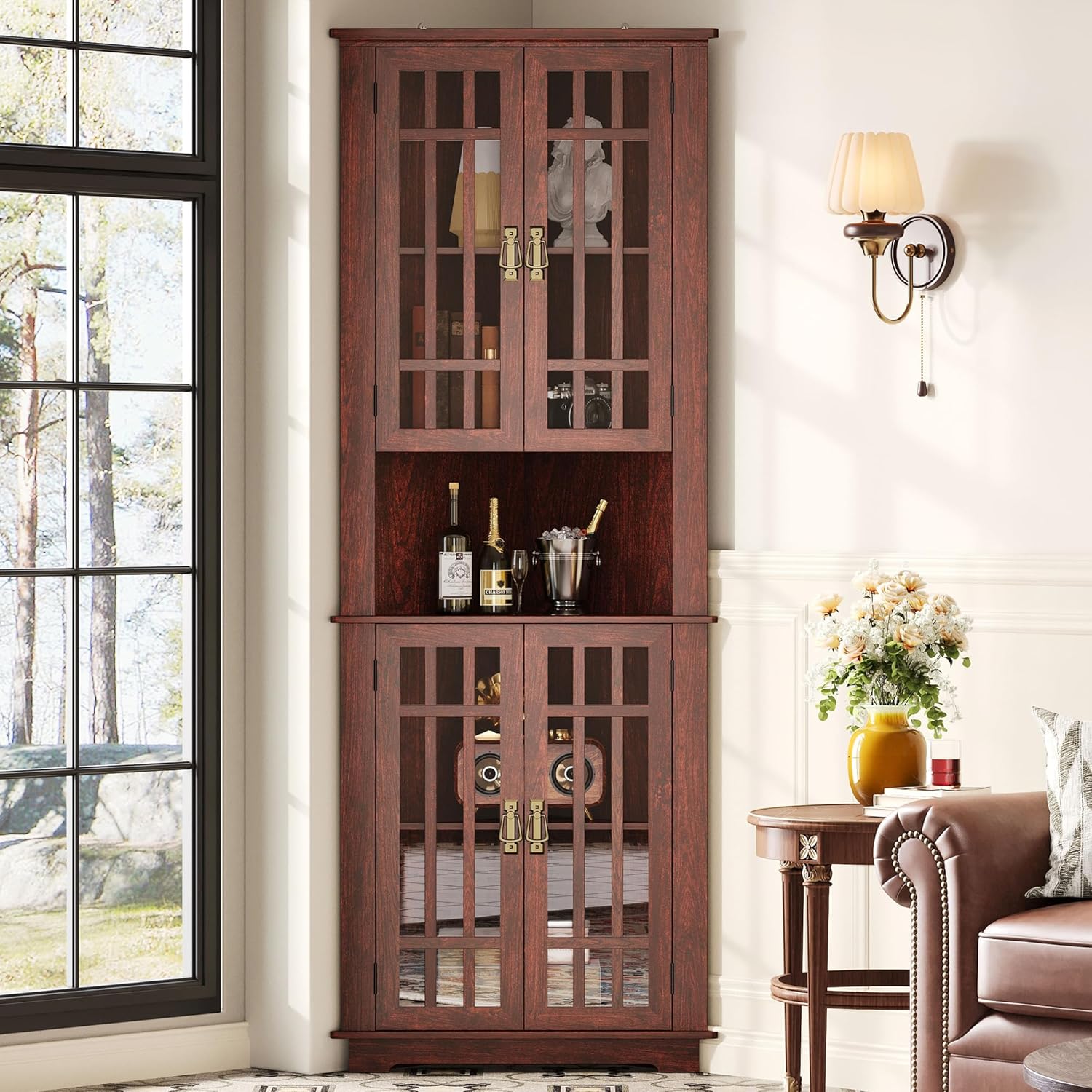 IRONCK  71" Corner Cabinet Storage Cabinet with 4 Glass Doors and 5 Shelves, Red Walnut