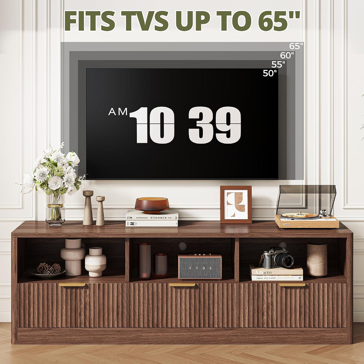 IRONCK 59" Fluted TV Stand for TVs Up to 65", Walnut