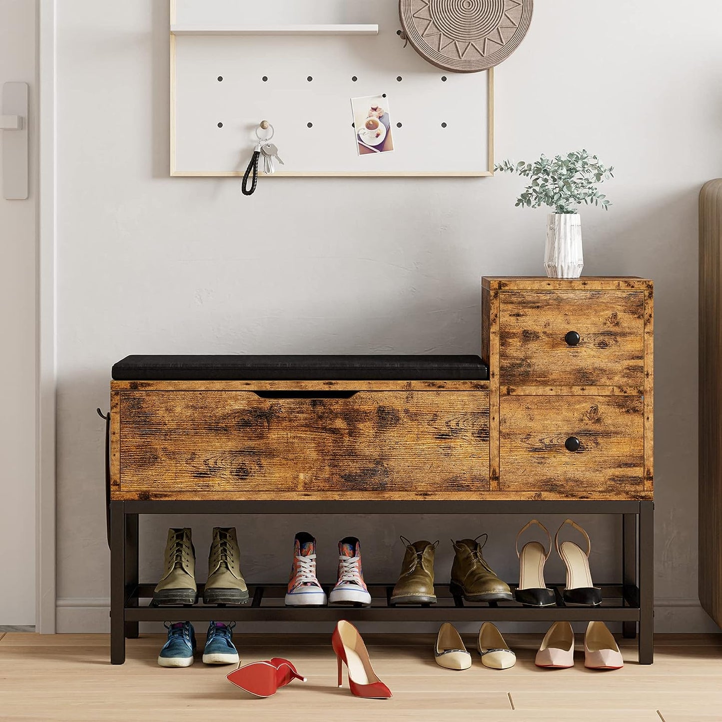 Vintage Brown Entryway Bench with Drawers