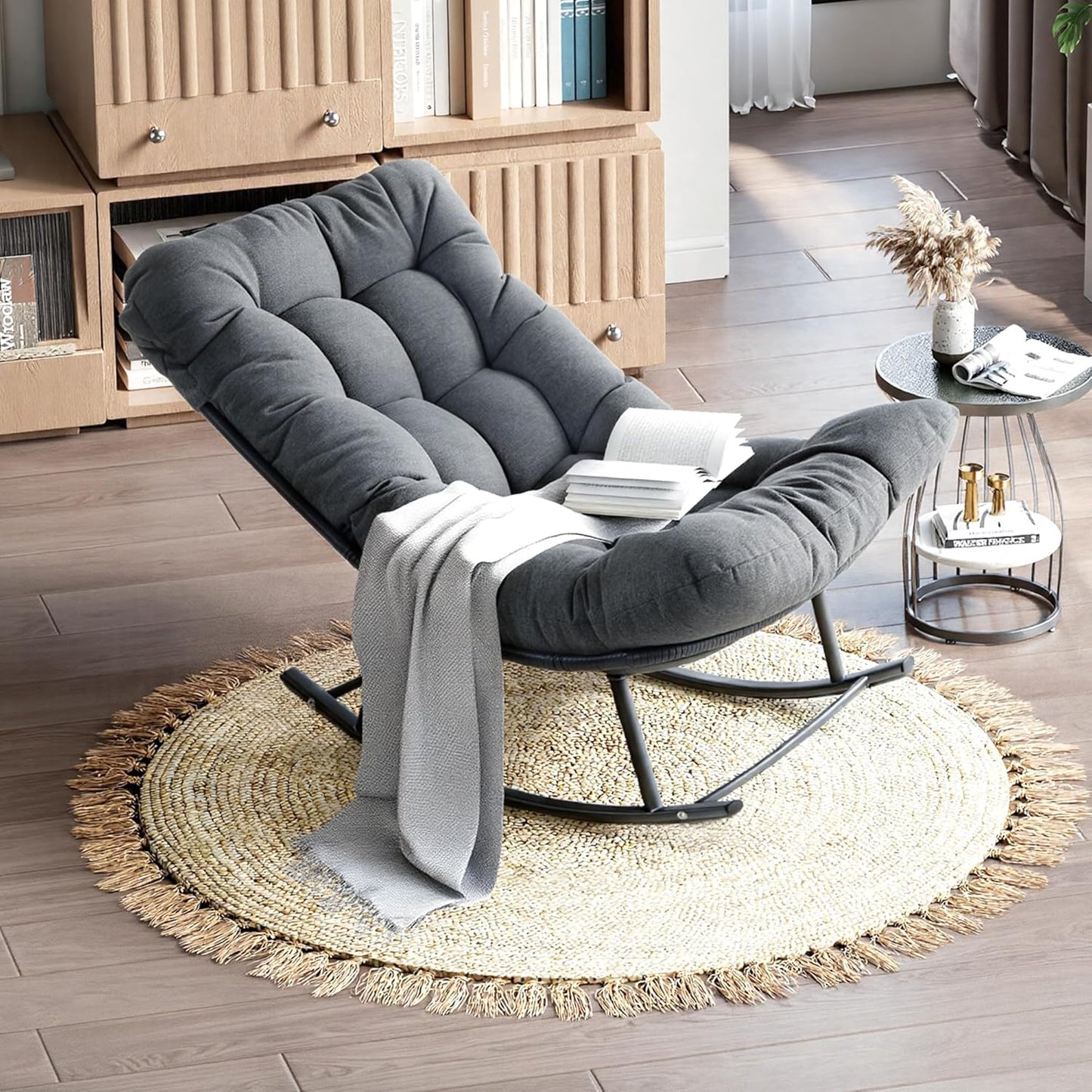 IRONCK Outdoor Rocking Chair, Patio Papasan Rocking Chair with Cushion, Gray