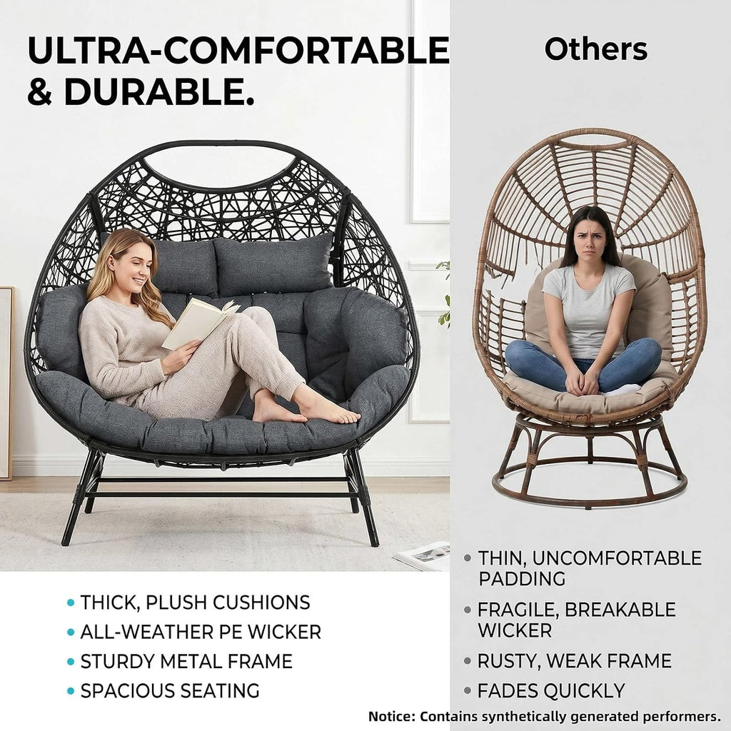 IRONCK Patio Double Egg Chair Outdoor, Oversized Egg Chair for Outside, Extra Large Cushions, Upgraded Frame, 700 Lbs, 2 Person Seat for Poolside, Balcony, Indoor, Black