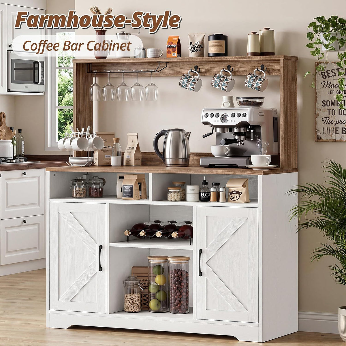 IRONCK 58" Farmhouse Coffee Bar Cabinet with Storage & Power Outlets, White