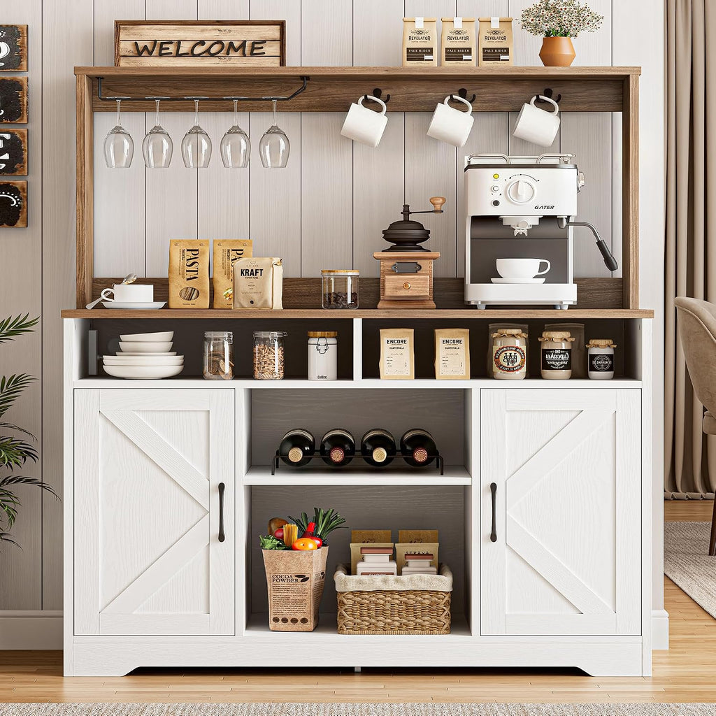 IRONCK 58" Farmhouse Coffee Bar Cabinet with Storage & Power Outlets, White
