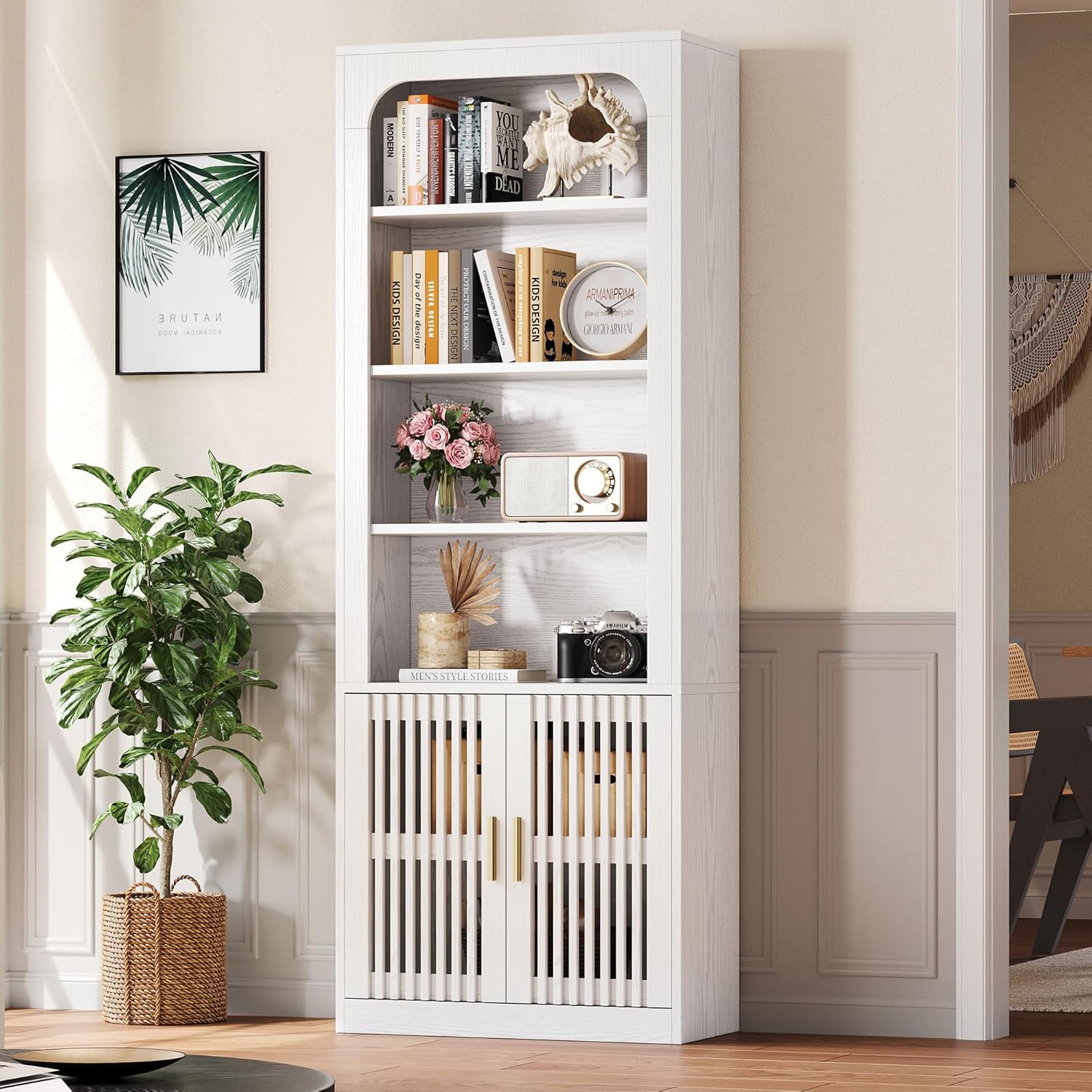 IRONCK Mid-Century Book Shelf, 6-Tier Floor Standing Bookcase with Grille Doors, Tall Storage Shelves for Display & Organizing, Suitable for Home Office, Living Room (White)