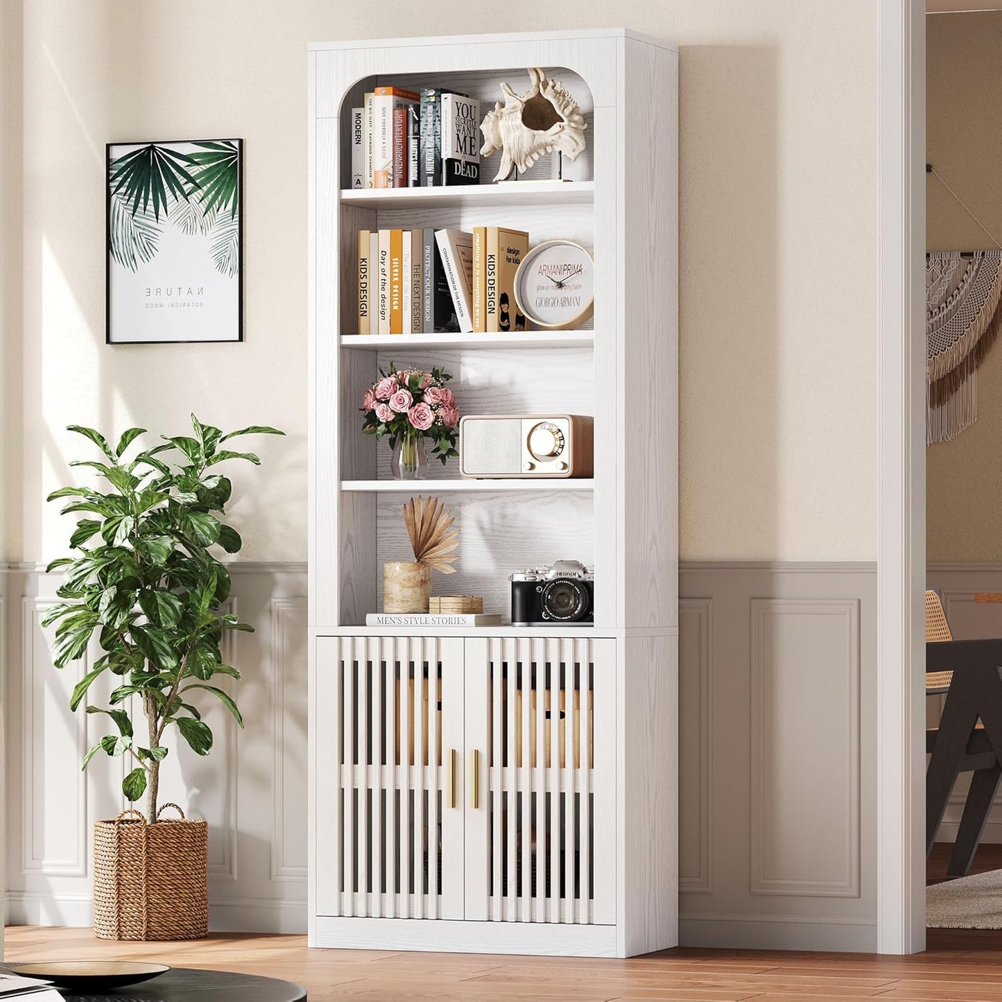 IRONCK Mid-Century Book Shelf, 6-Tier Floor Standing Bookcase with Grille Doors, Tall Storage Shelves for Display & Organizing, Suitable for Home Office, Living Room (White)