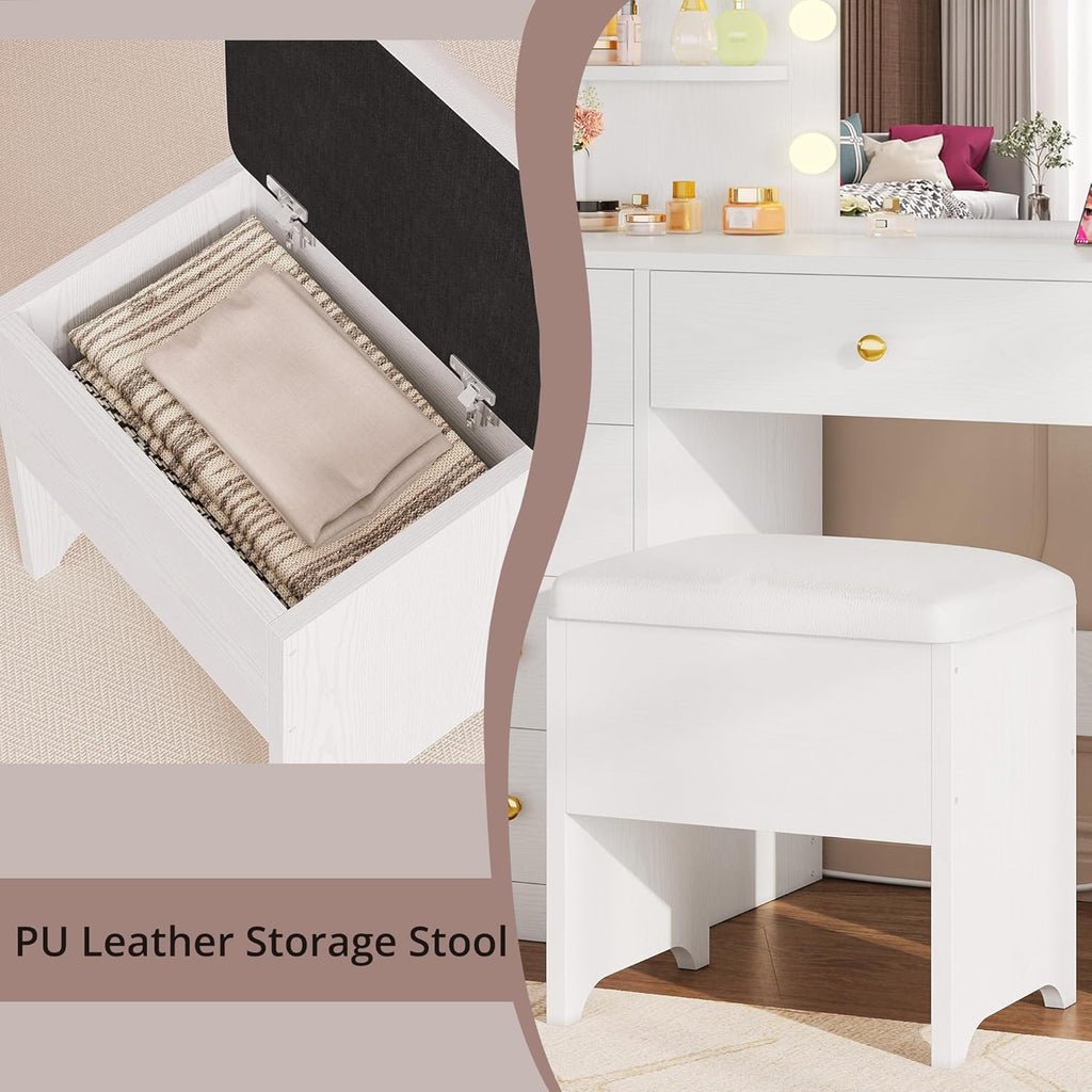IRONCK Small Makeup Vanity Table with 5 Drawers, Power Outlet, and Vanity Stool