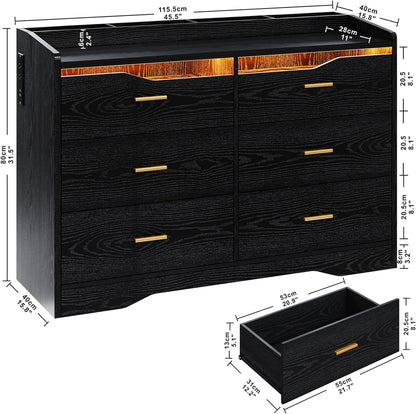 IRONCK 6-Drawer Bedroom Dresser with LED Light and Charging Station