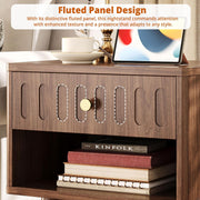 IRONCK Nightstand with Charging Station, Fluted Night Stand Set of 2，Bed Side Table with Drawer，Open Shelf and Sturdy Metal-Capped Legs, End Table for Bedroom, Walnut