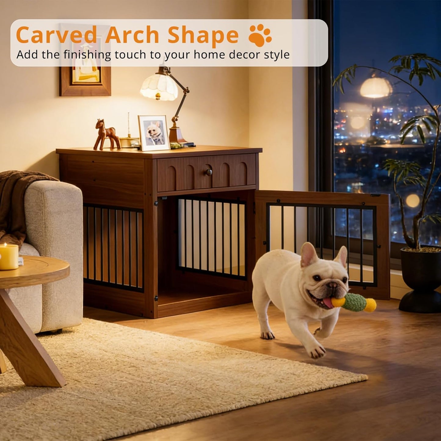 IRONCK Dog Crate Furniture, Wooden Dog Crate with Drawer and Flip-Top Storage, Walnut