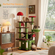 7 Furniture Mushroom Cat Tree for Indoor Cats, 58" Multi-Level Cat Tower with Scratching Posts, Anti-Tip Extra Wide Base, Plush Cat Condo & Hammock Furniture for Cats, Easy Assembly