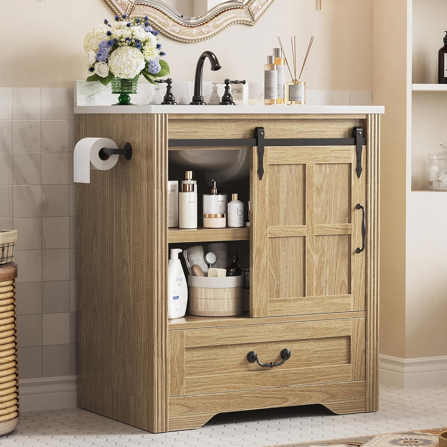 IRONCK 30 Inch Bathroom Vanity with Sink, Bathroom Sink Cabinet with Drawers & Metal Handles, Freestanding, Easy Assembly, Farmhouse