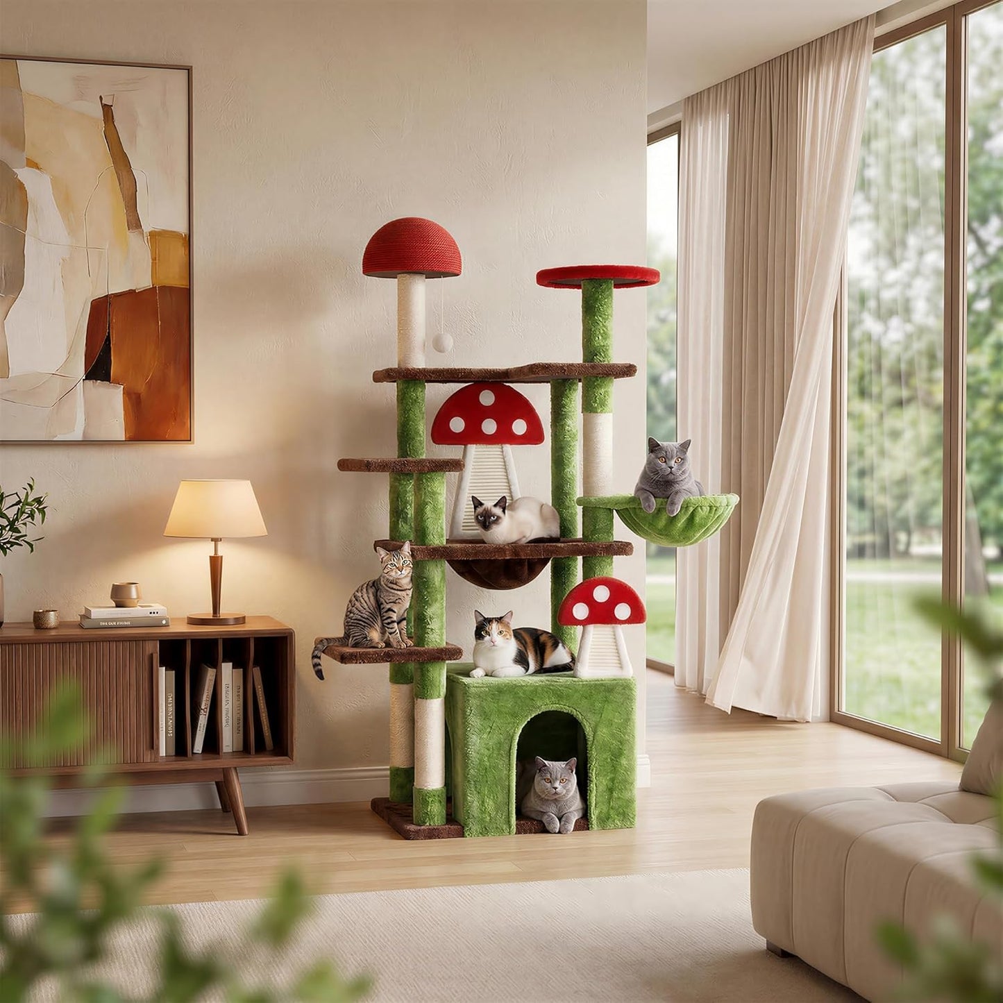7 Furniture Mushroom Cat Tree for Indoor Cats, 58" Multi-Level Cat Tower with Scratching Posts, Anti-Tip Extra Wide Base, Plush Cat Condo & Hammock Furniture for Cats, Easy Assembly