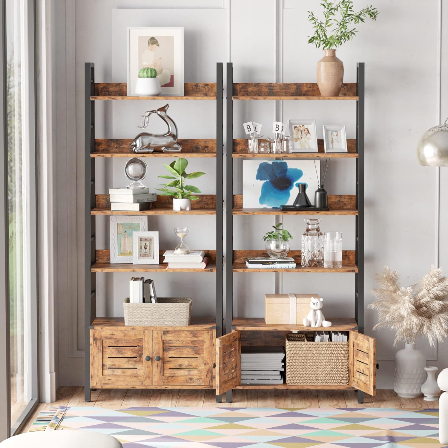 IRONCK 4-Tier Ladder Bookshelf with Louvered Doors, Rustic Brown
