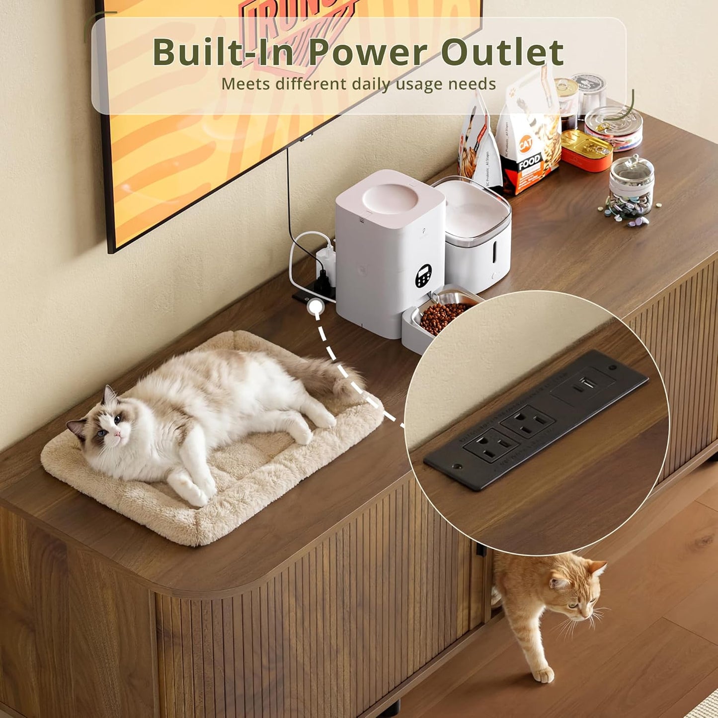 7 Furniture 60 Inch Double Cat Litter Box Enclosure Furniture with Built-in Power Outlet & Sliding Door, Walnut