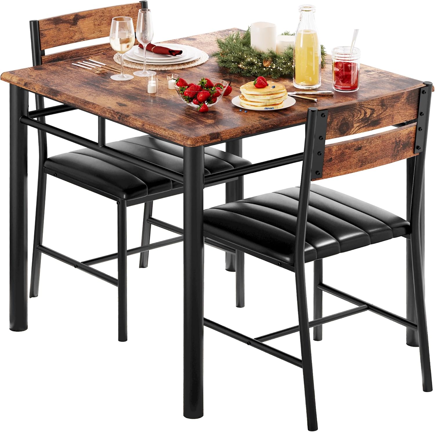 IRONCK Dining Table Set for 2 with Upholstered Chairs, Rustic Brown