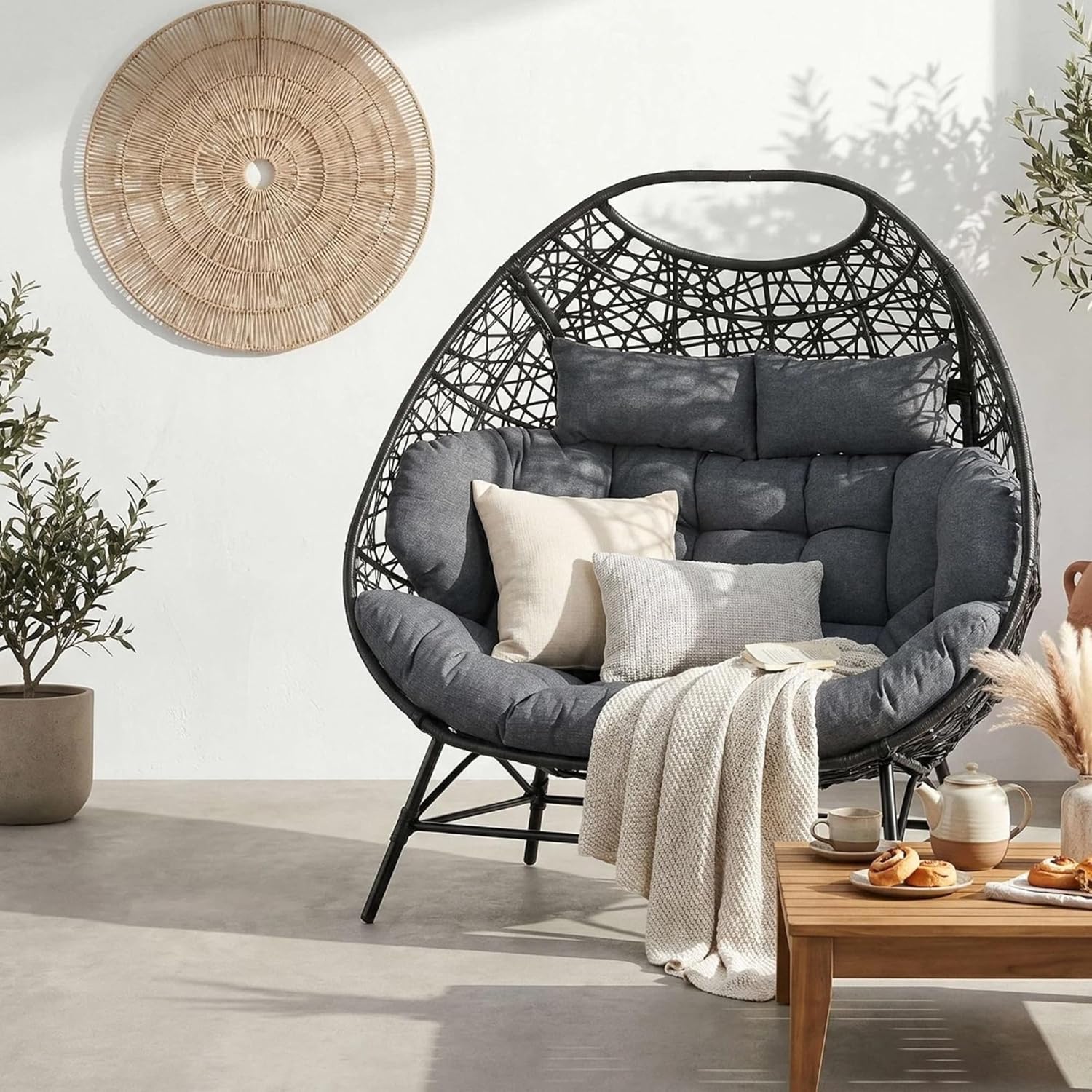 IRONCK Patio Double Egg Chair Outdoor, Oversized Egg Chair for Outside, Extra Large Cushions, Upgraded Frame, 700 Lbs, 2 Person Seat for Poolside, Balcony, Indoor, Black