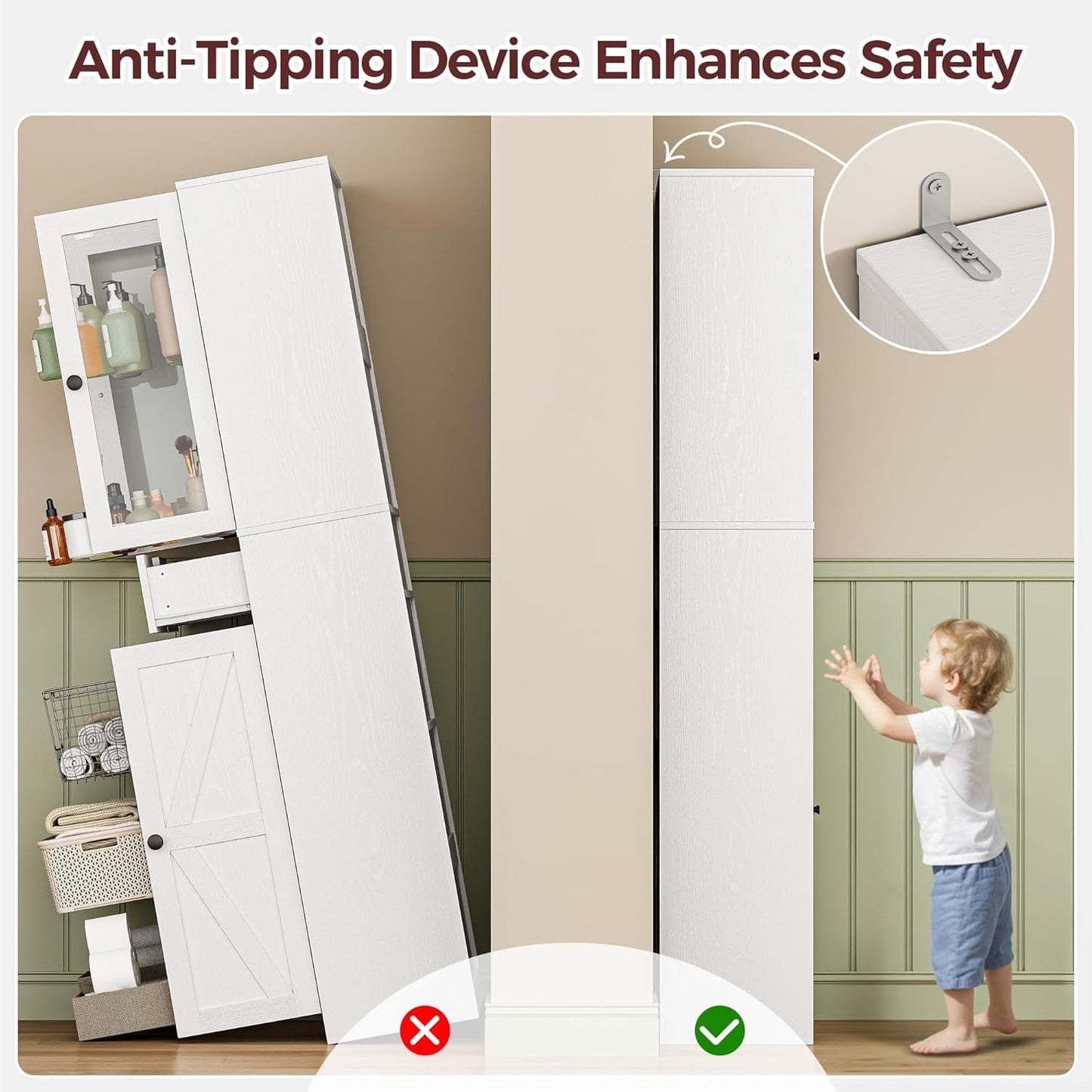 IRONCK 67" Tall Bathroom Storage Cabinet, with Glass Doors and Shelves,  White