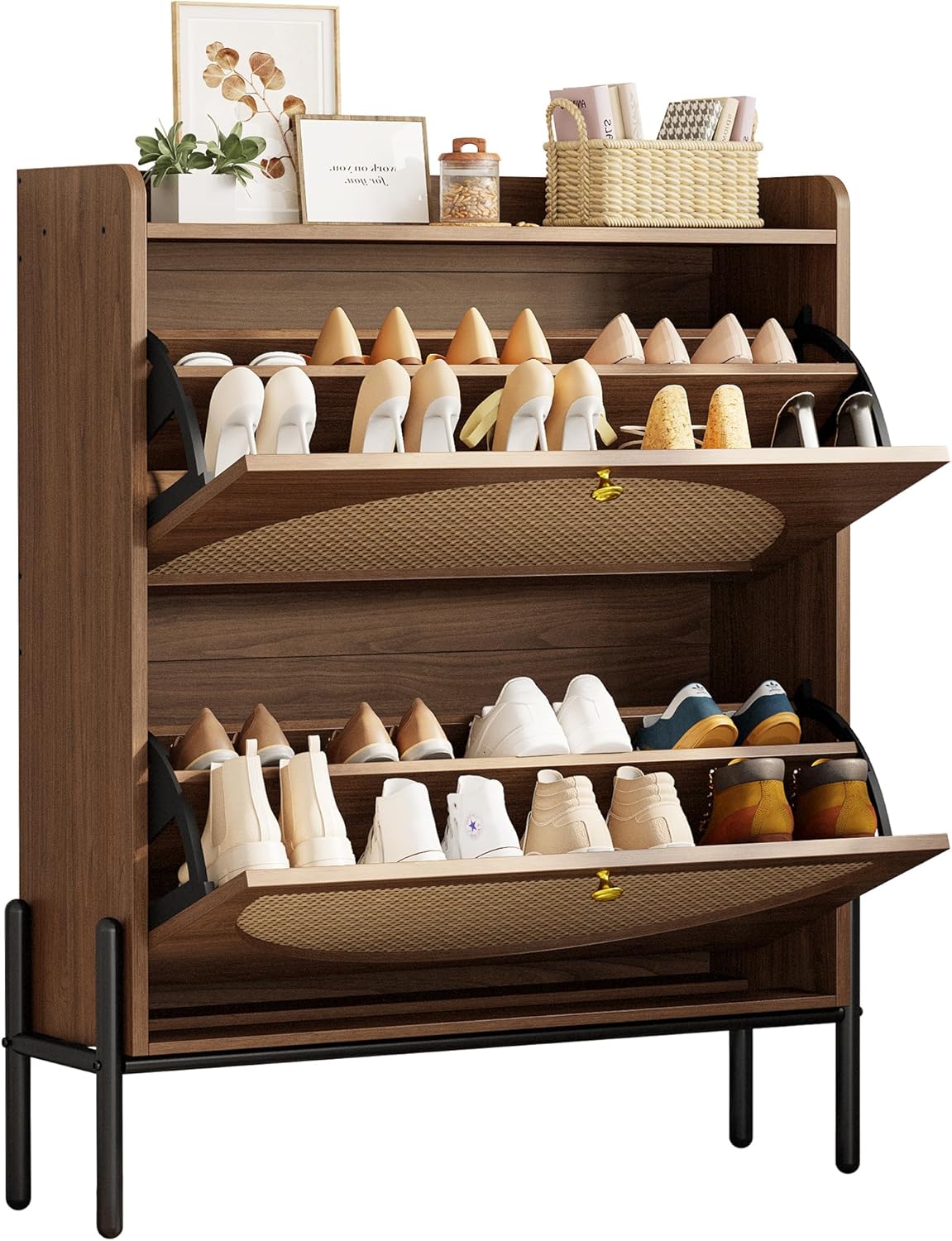 7 Furniture Shoe Cabinet Storage with 2 Flip Drawers, Free Standing Wooden Shoe Storage Organizer Cabinet with Rattan Doors for Entryway, Narrow Shoe Rack Cabinet, Oak