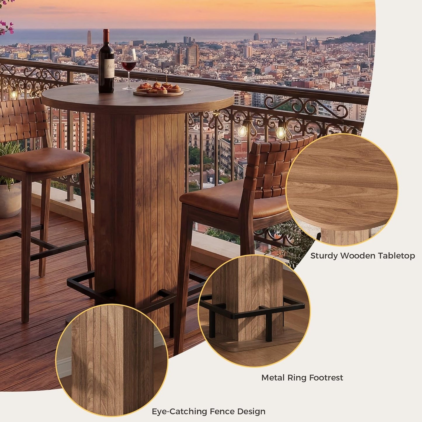 IRONCK 39.4" H Wood Bistro Pub Table with Metal Ring Footrest, Brown(Only Table)