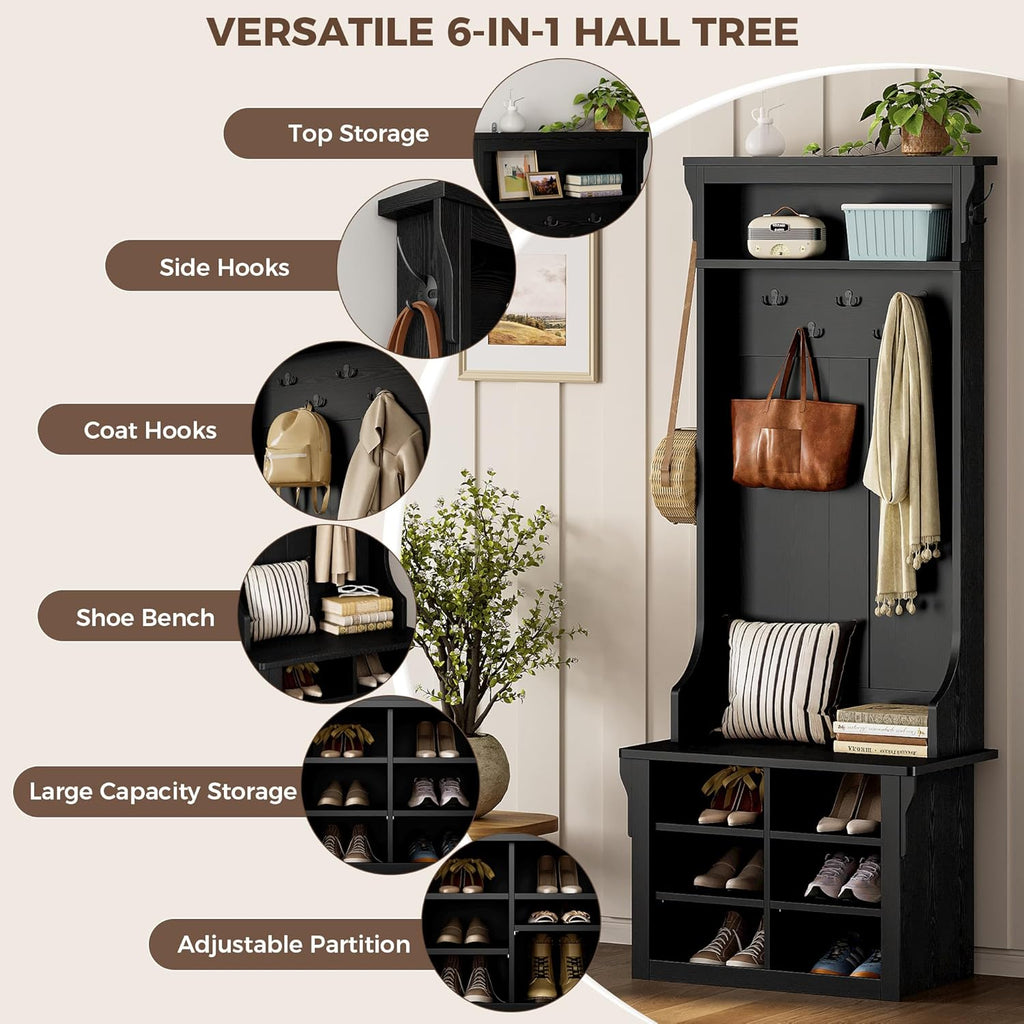 IRONCK Hall Tree with Bench and Shoe Storage, Coat Rack, Adjustable Shelf, Black