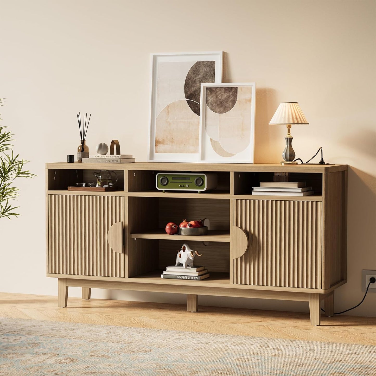 IRONCK TV Stand for 65 Inch TV, 59 Inch Entertainment Center with Storage and Charging Station, Modern Media Console with 3 Adjustable Shelf, Fluted Doors Design, Natural Oak