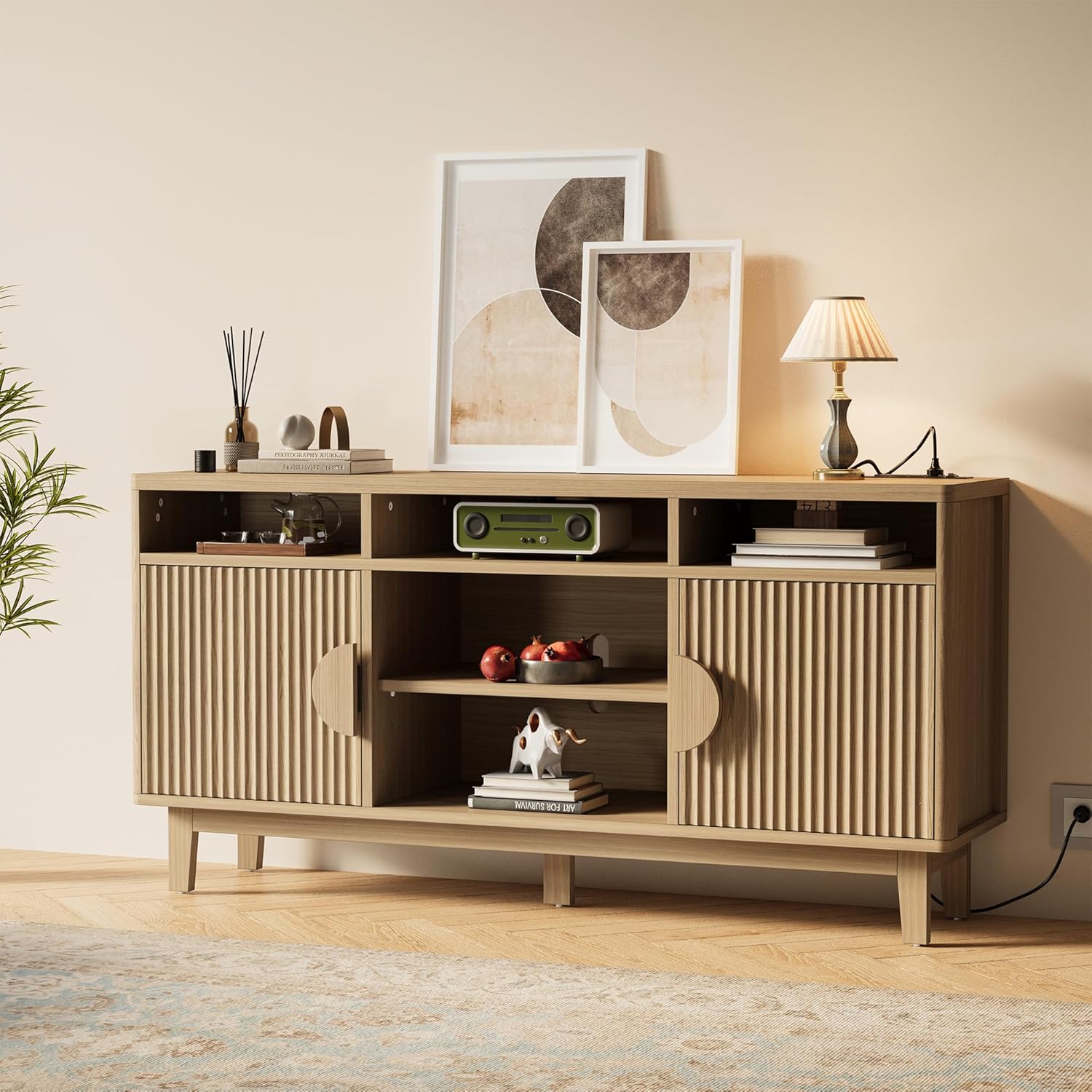 IRONCK 65 Inch TV with Storage and Charging Station, Natural Oak