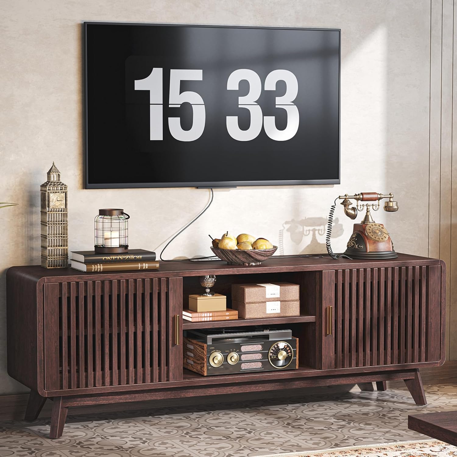 IRONCK 63'' TV Stand, with 2 Sliding Doors, Red Walnut