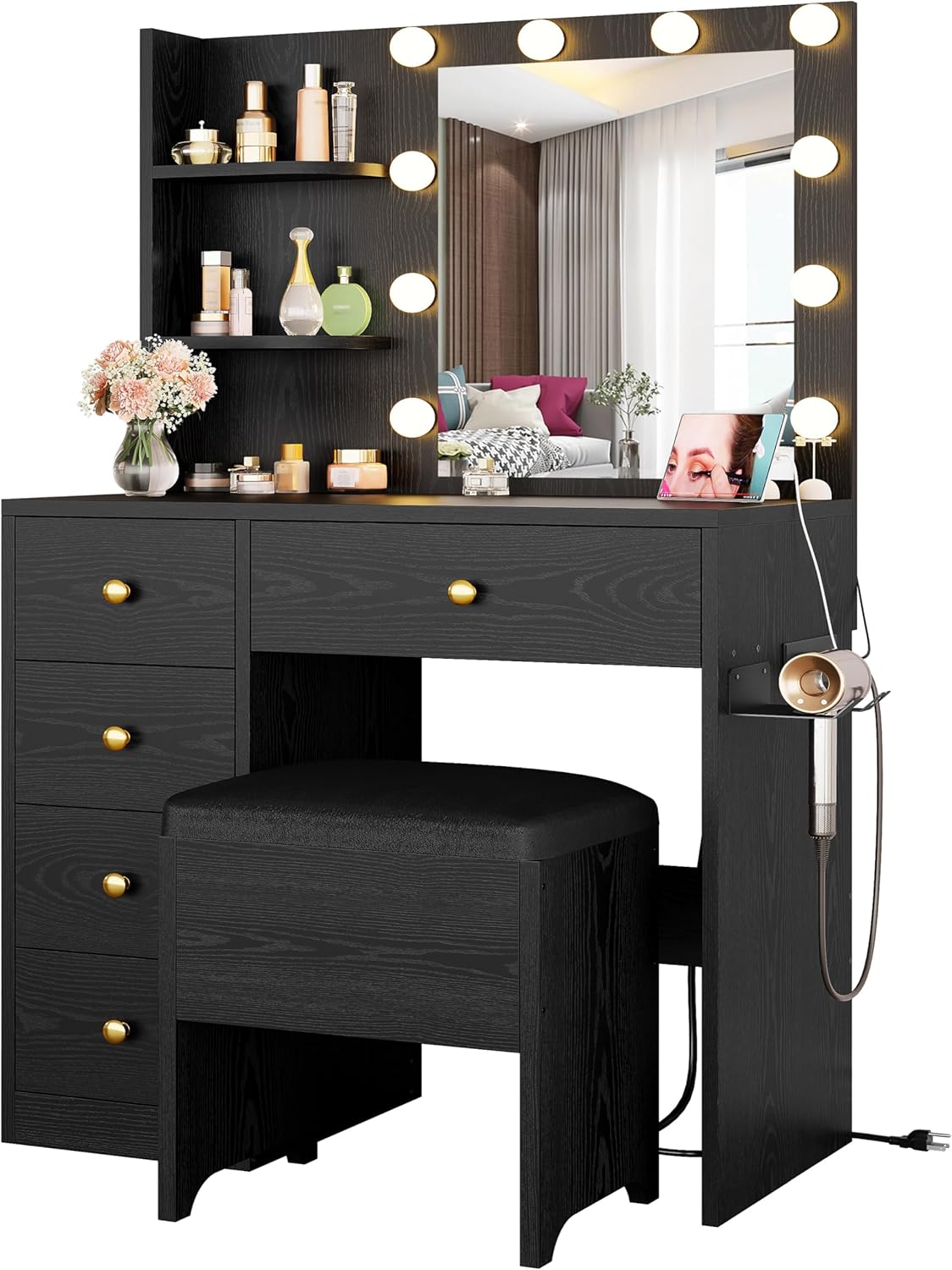 7 Furniture Vanity Desk with Mirror and Lights, Small Makeup Vanity Table with 5 Drawers, Power Outlet, and Vanity Stool, 3 Lighting Colors, Dressing Table for Women Girls Bedroom, White