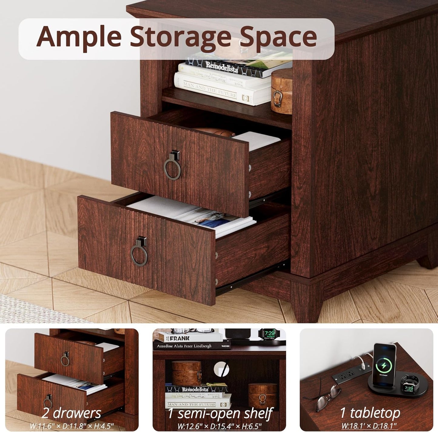 IRONCK Night Stand with Charging Station, Bedside Table with 2 Drawers and 1 Open Shelf