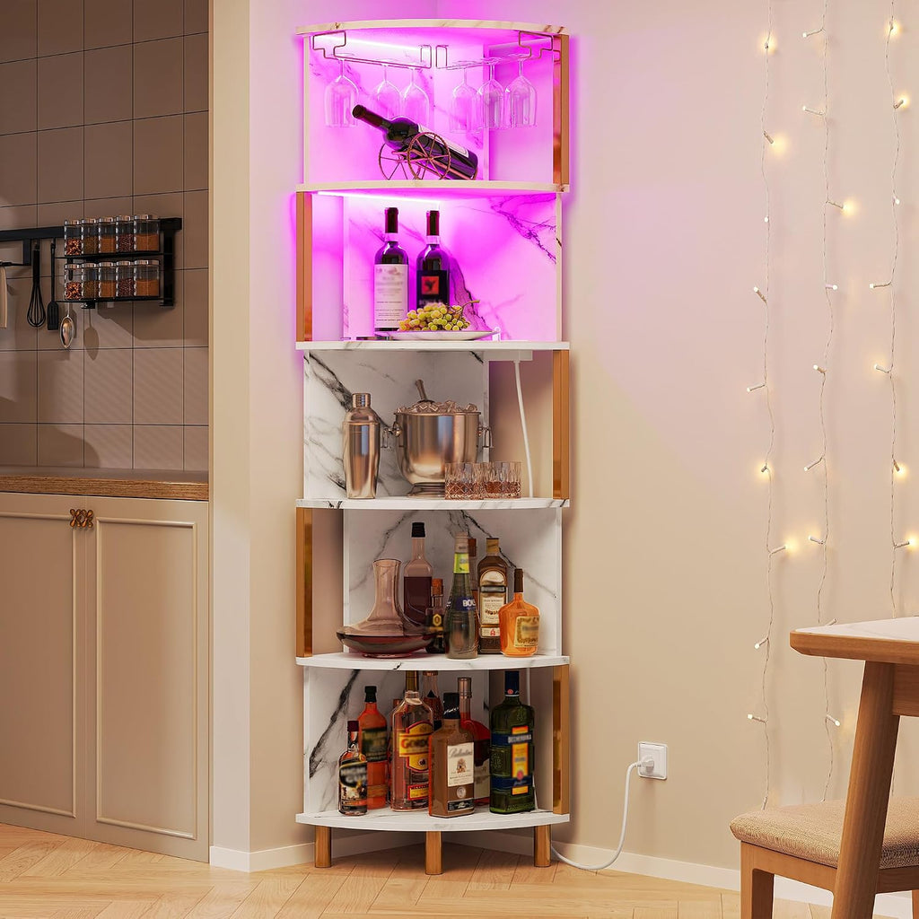 IRONCK Corner Bar Cabinet with LED Lights & Power Outlets, 5-Tier Corner Shelf with Glass Holder, Wine Bar Cabinet Liquor Cabinet for Living Room, Dining Room, Kitchen, Black & Gold