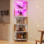 IRONCK Corner Bar Cabinet with LED Lights & Power Outlets, 5-Tier Corner Shelf with Glass Holder, Wine Bar Cabinet Liquor Cabinet for Living Room, Dining Room, Kitchen, Black & Gold