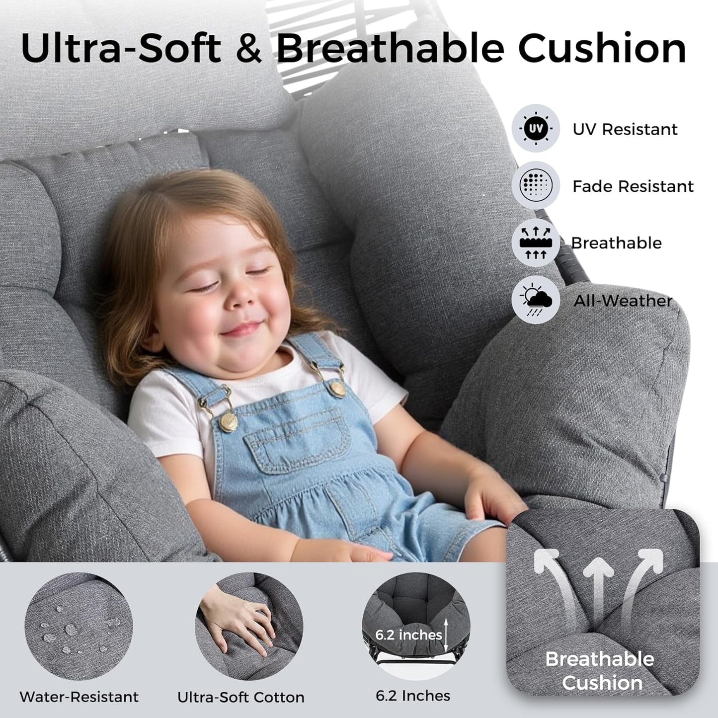 IRONCK Wicker Outdoor Egg Chair with Ottoman, Patio Lounge Chair, Dark Gray