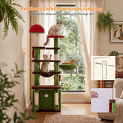 7 Furniture Mushroom Cat Tree for Indoor Cats, 58" Multi-Level Cat Tower with Scratching Posts, Anti-Tip Extra Wide Base, Plush Cat Condo & Hammock Furniture for Cats, Easy Assembly